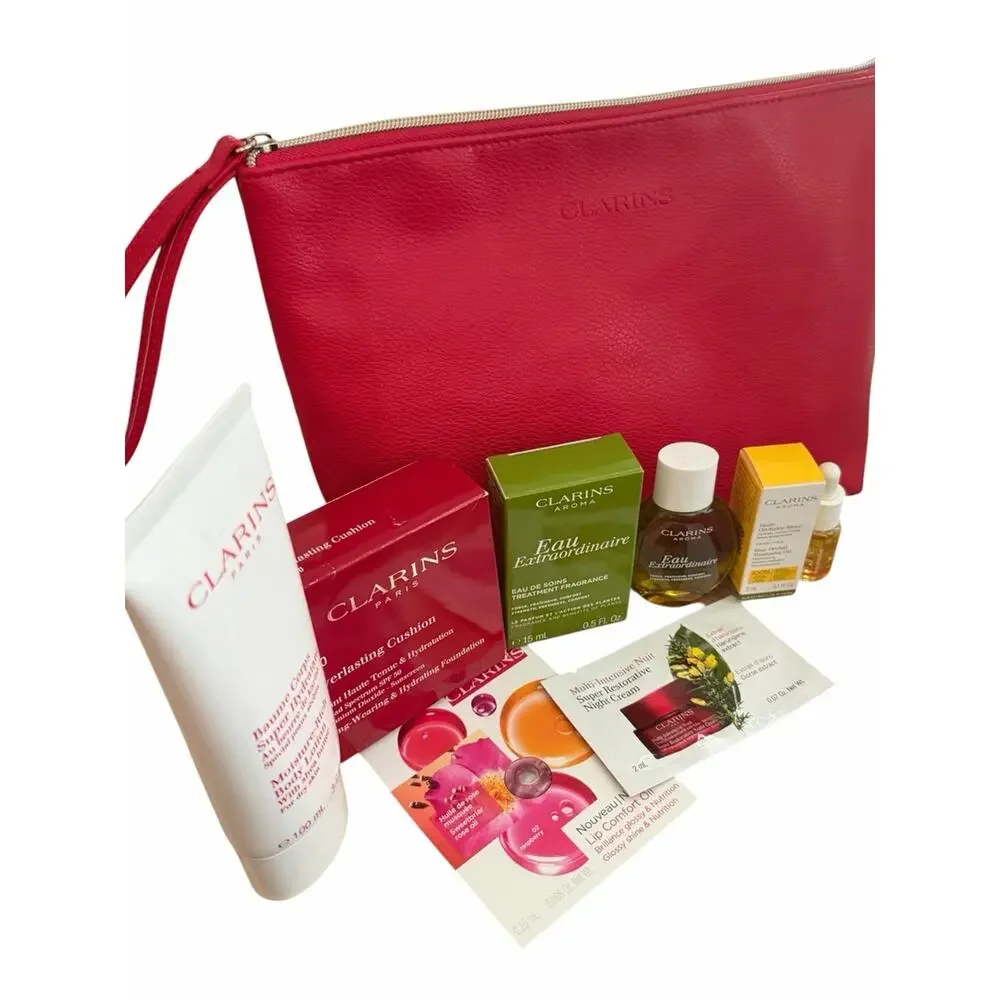 Clarins Gift Set w Red Clarins Bag W Eau Extraordinaire, SPF Cushion, Lotion +